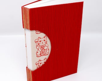 Journal / Blank Hand Bound Book / Notebook / Rigid Fabric Cover / Lay Flat Pages / Lined Pages / Lucky Kitty in Red