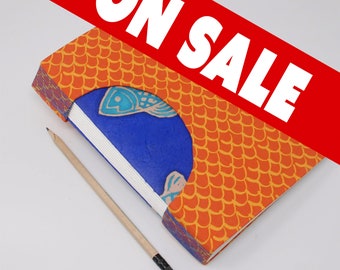 Artist Sketchbook / Handmade Journal / Large Notebook / Lay Flat Pages / Heavy Weight Page Paper / Hand Bound / Orange and Blue Batik Fish