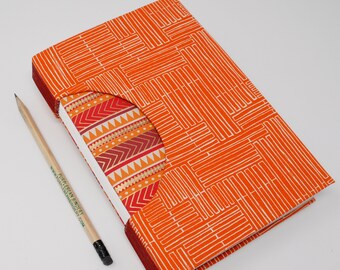 Journal / Blank Hand Bound Book / Notebook / Rigid Fabric Cover / Lay Flat Pages / Lined Pages / Bright and Warm Orange Pattern