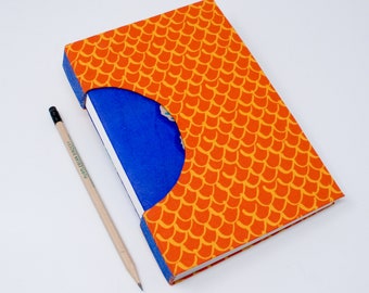 Blank Hand Bound Journal / Notebook /Artist Sketchbook / Rigid Fabric Cover / Lined Pages / Lay Flat Pages / Bright Orange and Blue Fish
