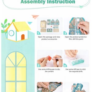 May include: Instructions for assembling a 3D puzzle building cabin. The steps are illustrated with photos showing how to open the package, remove the protective film, use a drilling pen to apply cement and attach the required drills, and attach the pieces to the corresponding drilling points. The final step shows the completed cabin.