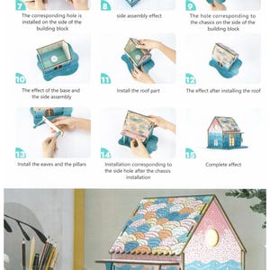 May include: A step-by-step guide for assembling a wooden house model kit. The instructions show how to assemble the base, sides, roof, eaves, and pillars. The final image shows the completed model, which features a blue and pink color scheme with a decorative wave pattern.