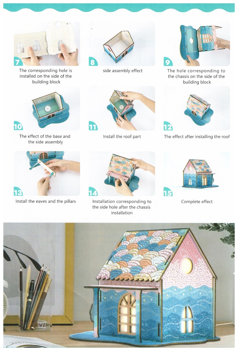 May include: A step-by-step guide for assembling a wooden house model kit. The instructions show how to assemble the base, sides, roof, eaves, and pillars. The final image shows the completed model, which features a blue and pink color scheme with a decorative wave pattern.