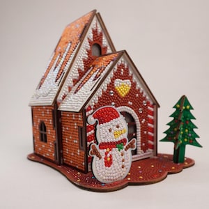 Kit de pintura de diamantes 3D: Adorno navideño de cabaña para casa. Manualidad DIY.