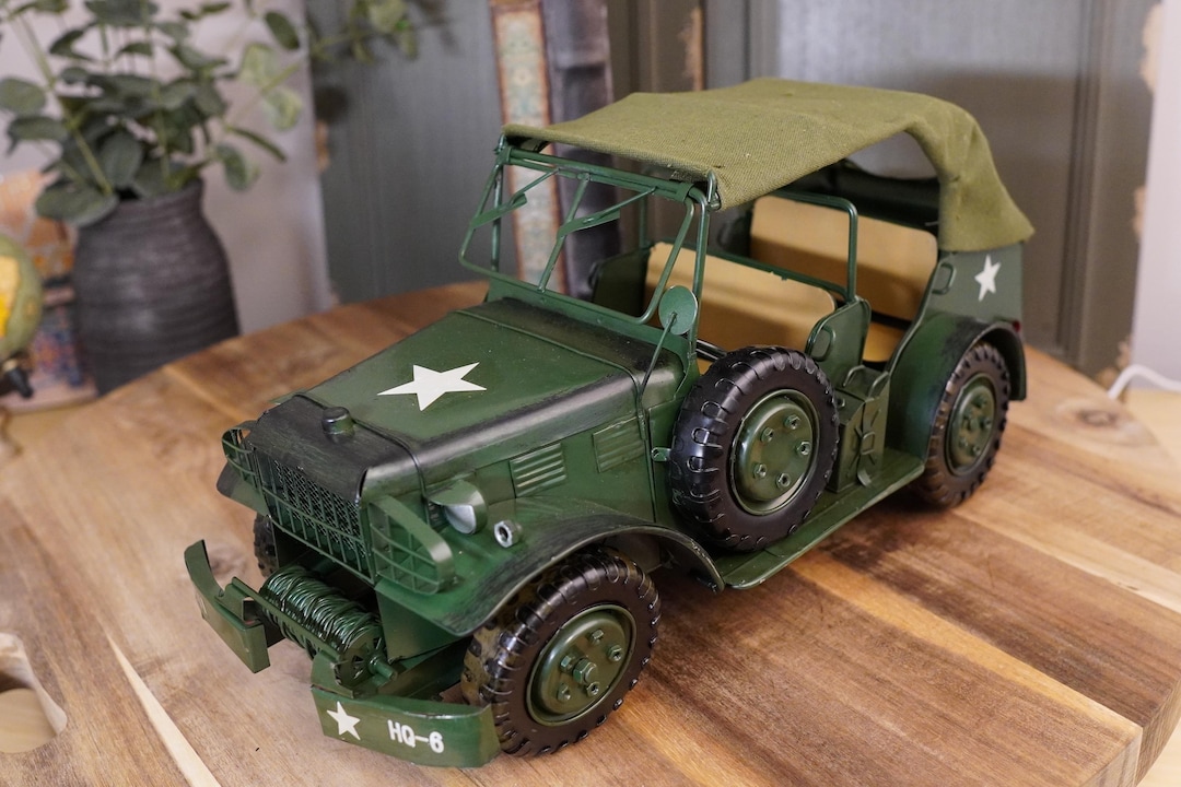 Large Handmade Collectable Metal Army Truck Model Vintage