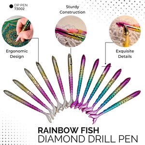 May include: A set of 12 rainbow fish diamond drill pens. The pens have a mermaid tail design and are perfect for diamond painting. The pens are made of sturdy construction and have an ergonomic design.