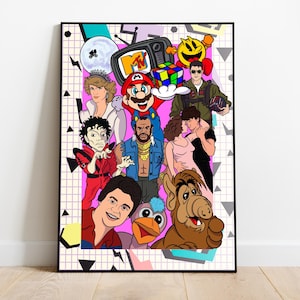 May include: A colourful collage of 1980s pop culture icons, including Mario, Michael Jackson, Pac-Man, and MTV. The background is a pink and black grid pattern.