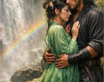 Couverture de livre d'amour historique asiatique - étreinte de couple de guerriers cascade - couverture fantaisie Wuxia Premade