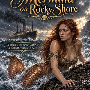 Puede incluir: Una portada de libro titulada Copper-Tailed Mermaid on Rocky Shore con una sirena pelirroja con una cola de cobre metálico sobre rocas oscuras en un mar tormentoso con un barco de vapor y el texto A stormy sea siren watches a distant steamship pass.