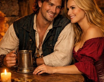 Couverture de livre prête à l'emploi romance pirate - scène de couple à la lueur du feu de taverne