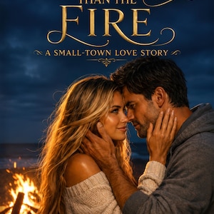 May include: A book cover titled Warmer Than The Fire, A Small-Town Love Story by Callie Winters. It features a person with long blonde hair in a beige knit jumper and a person in a grey hoodie facing each other on a beach near a bonfire.