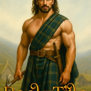 May include: Book cover illustration featuring a muscular man in a plaid kilt and sash, holding a battle axe. The title "Book Title" and author's name are displayed in gold lettering. The background shows a rural landscape.