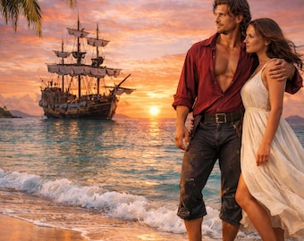 Couverture de livre d'amour pirate - couple de coucher de soleil sur la plage tropicale - conception de couverture de livre électronique premade