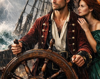 Couverture de livre d'amour pirate préfabriquée | Capitaine brun et héroïne auburn au gouvernail |