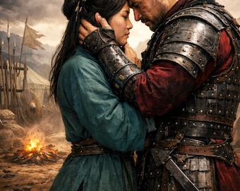 Couverture de livre préfabriquée Warrior Romance | Couple en armure de combat dans un camp militaire historique asiatique