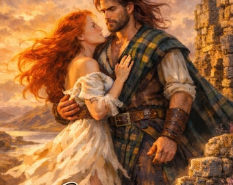 Couverture de livre d'amour des Highlands préfabriquée | Tartan guerrier écossais | Ruines du château au coucher du soleil | Art peint