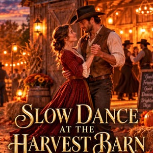 May include: A book cover featuring a couple dancing in front of a rustic barn at sunset. The title reads SLOW DANCE AT THE HARVEST BARN, with Author Name at the top and A LOVE STORY WAITING TO BEGIN at the bottom. The scene includes autumn leaves.