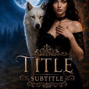 May include: A book cover featuring a person with long dark hair wearing a black lace dress and choker, standing beside a large white wolf under a full moon. The text reads TITLE, SUBTITLE, and AUTHOR NAME in gold lettering with ornate flourishes.