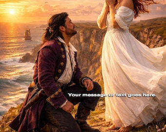 Couverture pirate romance préfabriquée - Scène de proposition Golden Hour au sommet d'une falaise