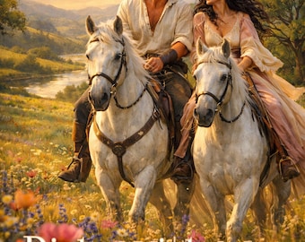 Couverture de livre d'amour tout prête — Couple sur des chevaux blancs, prairie de fleurs sauvages, couverture d'ebook médiéval historique