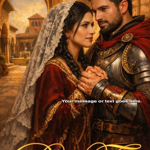 May include: Book cover illustration featuring a couple in medieval attire. The woman wears a red dress with gold trim and a lace veil. The man is in armor and a red cape. The background shows an arched building and the text "Book Title" and "Author Name".