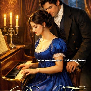 May include: Book cover design featuring a woman in a blue dress playing a piano, with a man standing behind her. The cover includes the text "AUTHOR NAME" and "Book Title", with space for additional text.