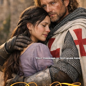 May include: Book cover featuring a man and woman embracing. The man wears chainmail and a white cloak with a red cross. The woman wears a purple dress. The words "AUTHOR NAME" and "Book Title" are displayed.