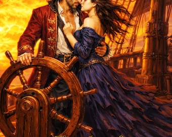 Couverture de livre d'amour pirate préfabriquée | Couple de pont de navire | Ciel coucher de soleil enflammé | Capitaine en blouse rouge | Héroïne en robe bleue