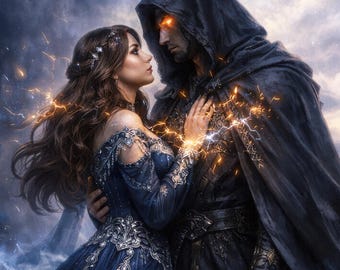 Couverture de livre fantaisie préfabriquée | Héroïne à capuche foncée et héroïne en robe bleue | Couple d'éclairs magiques