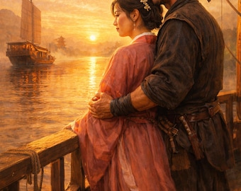 Couverture de livre prédéfinie romance historique asiatique - scène couple coucher de soleil sur la rivière