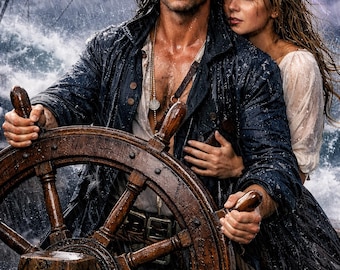 Couverture de livre romance pirate - roue de bateau, conception préfabriquée de scène de tempête