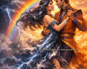 Couverture de livre préfabriquée fantaisie romance - couple élémentaire tempête et soleil dansant avec arc-en-ciel