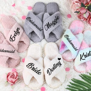 Personalized Bridesmaid Slipper,Custom Slipper,Bridesmaid Slippers,Bridal Fluffy Slippers Set,Bridal Shower Gift,Bachelorette Party Favors