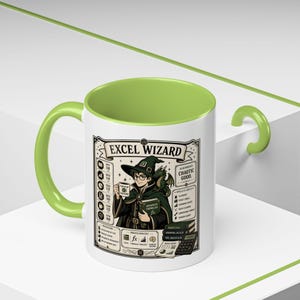 May include: A white ceramic mug with a lime green interior and handle, featuring a graphic illustration of a wizard holding a coffee mug and a book titled Advanced Formulas fx, with the text Excel Wizard and Chaotic Good printed on it.