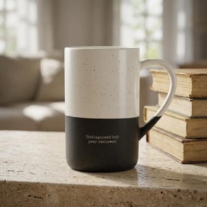 Puede incluir: Una taza de cerámica de dos tonos con una mitad superior blanca moteada y una mitad inferior negra sólida. La sección negra presenta el texto blanco "Undiagnosed but peer reviewed". La taza tiene un asa curva y una forma cilíndrica.
