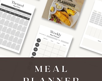 Puede incluir: Varios planificadores de comidas sobre un fondo blanco. Incluyen un plan de comidas temático, un plan de comidas semanal y un plan de comidas con una imagen de comida. Las palabras "MEAL PLANNER" están en letras blancas grandes.
