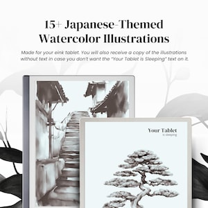 以下が含まれることがあります： 白い背景に水彩画風のデジタルイラストが2つあります。最初のイラストは、階段のある日本の通りの白黒画像です。2番目のイラストは、盆栽の木の白黒画像です。2番目のイラストには、「Your Tablet is sleeping」というテキストが表示されています。