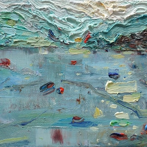 Pintura a óleo de paisagem marinha na técnica de impasto, arte texturizada contemporânea, arte em tela pequena, decoração de parede original no estilo impressionista