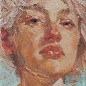 Peinture texturée Portrait de jeune fille, huile sur toile faite main, technique d'empâtements, style impressionniste, décoration de chambre, décoration murale d'art.