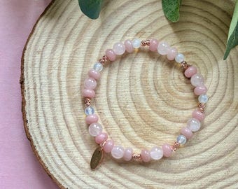 AMORE- Rose Quartz & Opalite Bracelet – Rose Gold-Plated Beads - Love, Healing and Clarity