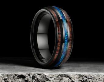 Black Tungsten Ring: Blue Opal & Hawaiian Koa Wood Inlay, Comfort Fit