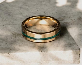 Gold Tungsten Carbide Wedding Band: Malachite Inlay, 6mm Polished Ring