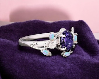 Blue Goldstone Ring: 925 Sterling Silver Twig Band, Celestial Jewelry