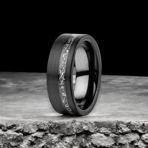 Men&#39;s Black Tungsten Carbide Ring with Meteorite Inlay - Brushed Matte Finish Wedding Band, Unique Promise Ring for Him, Gift for Men, 8mm