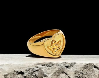 Gold Heart Angel Signet Ring: Waterproof Y2K Bestie Gift