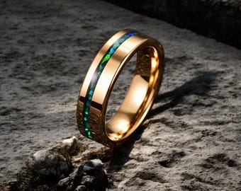 Gold Tungsten Ring: Acacia Wood & Imitation Opal Inlay, 6mm Wedding Band