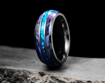 Tungsten Ring: Blue Glowstone Abalone Shell Inlay, 8mm Wedding Band