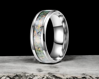 Opal Inlay Tungsten Ring: Galaxy Design Silver Wedding Band