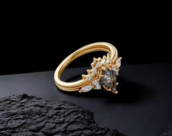 Black Rutilated Quartz Engagement Ring Set: Gold-Plated Chevron Wedding Band