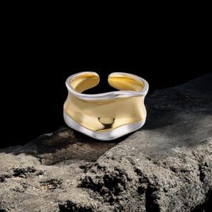 Adjustable Wave Ring for Women, Gold and Silver Plated Minimalist Statement Ring, Open Band Two-Tone Modern Jewelry Gift for Her